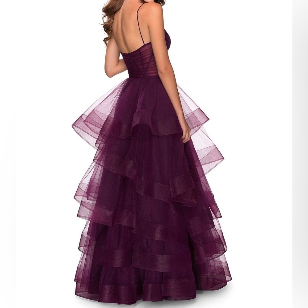 La Femme Dark Berry Tiered Ruffle Tulle Maxi Prom Dress - Picture 2 of 10